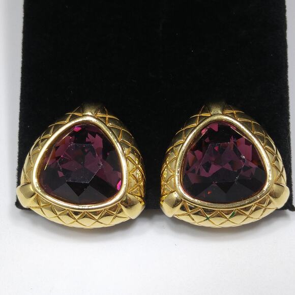 Vintage Swarovski Purple Crystal Earrings, Gold Plated, Swan Logo - Picture 4 of 10